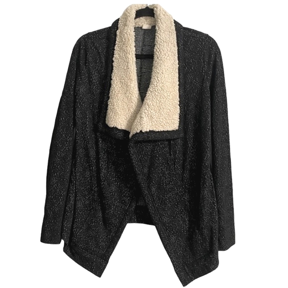 Wild Pearl Black & White Open Cardigan Jacket Sherpa Collar Size Medium